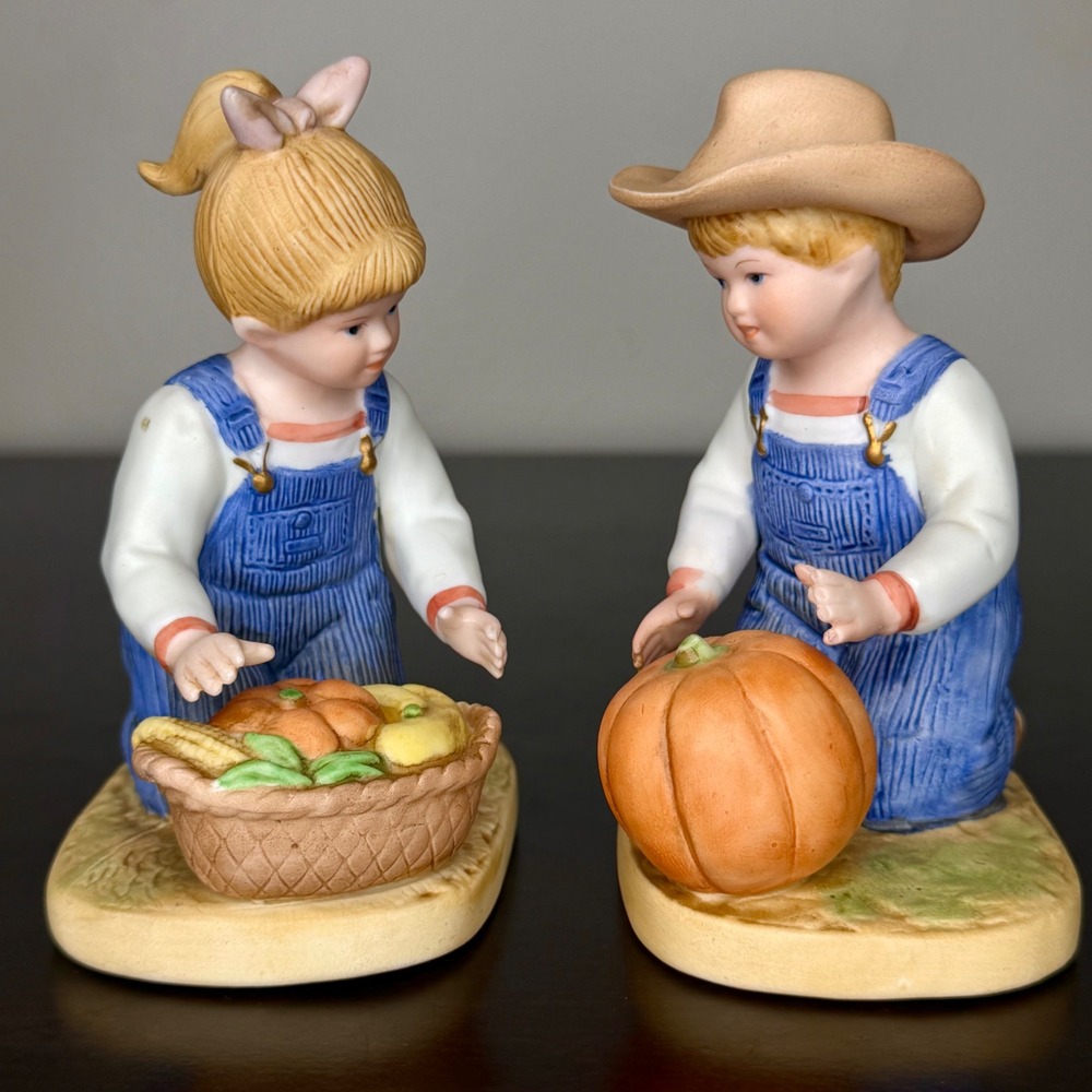 Vintage Homco Denim Days Figurines 1518 Boy with Pumpkin Girl with Basket 1985